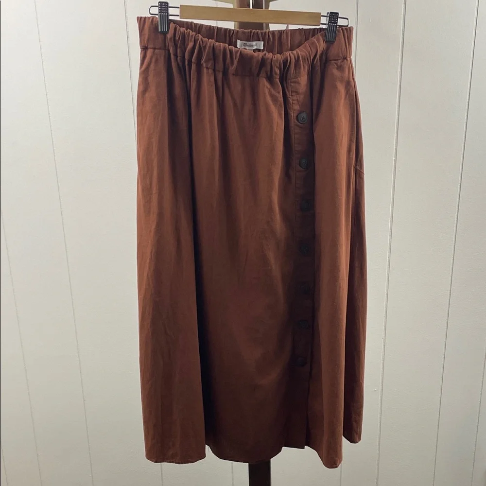 Madewell Linen-Blend Side-Button Midi Skirt Burnt Umber - Picture 2 of 4